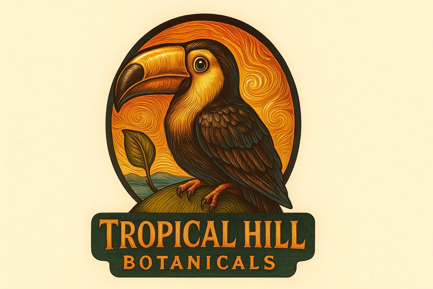 Tropical Hill Botanicals logo with a vibrant toucan perched on a hill against a sunset background.
